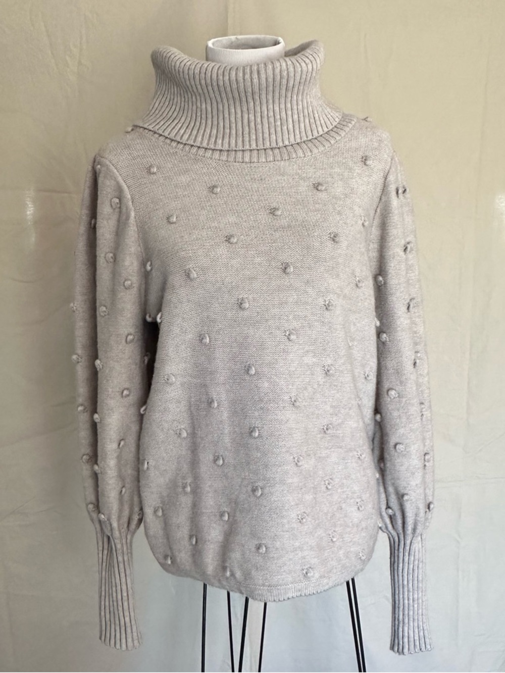 Textured Pom-Pom Turtleneck Sweater - Light Gray Rain+Rose XL Bishop sleeves